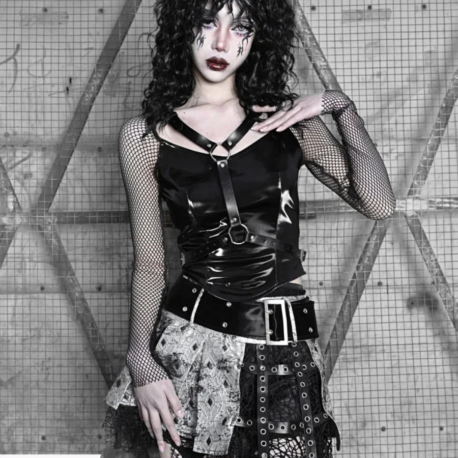 Spice Girl Punk PU Wing Strap Fishnet Slim Top