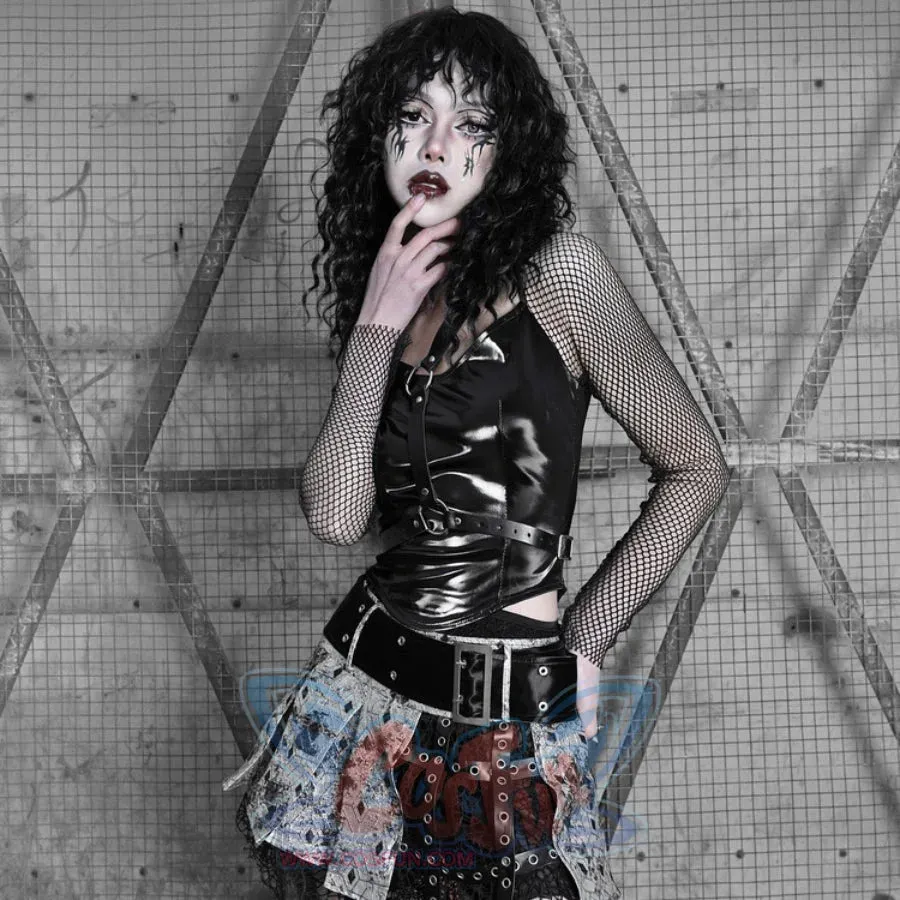 Spice Girl Punk PU Wing Strap Fishnet Slim Top