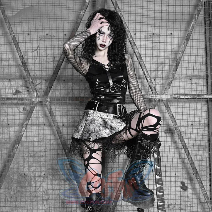 Spice Girl Punk PU Wing Strap Fishnet Slim Top