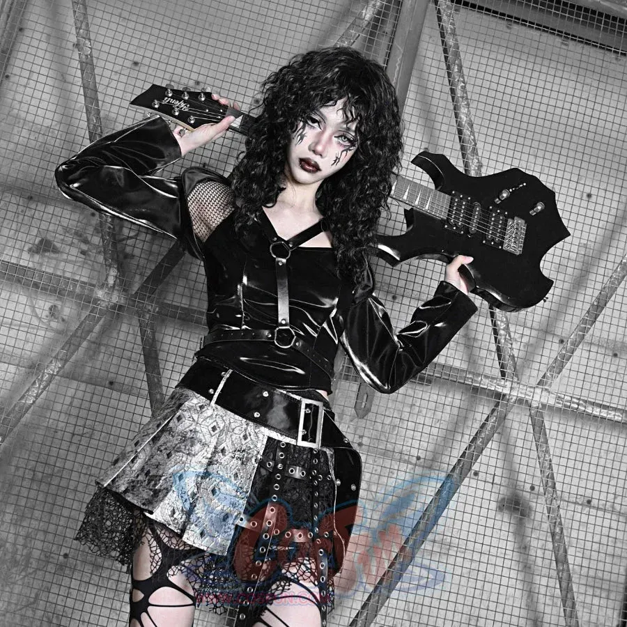 Spice Girl Punk PU Wing Strap Fishnet Slim Top