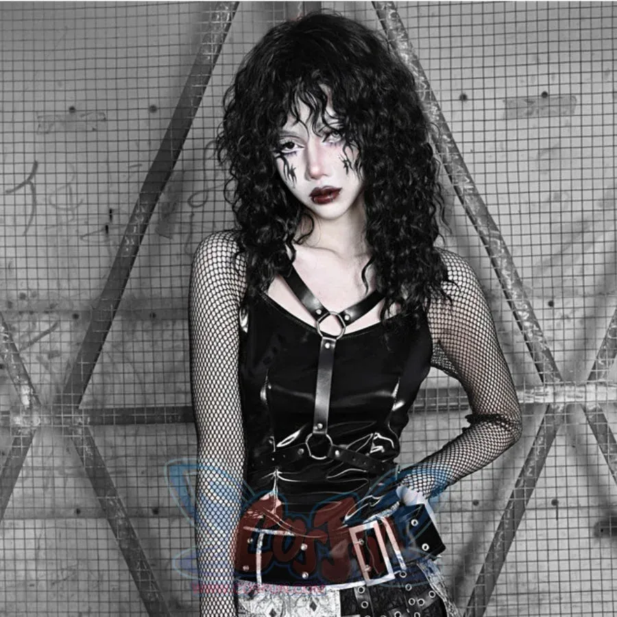 Spice Girl Punk PU Wing Strap Fishnet Slim Top