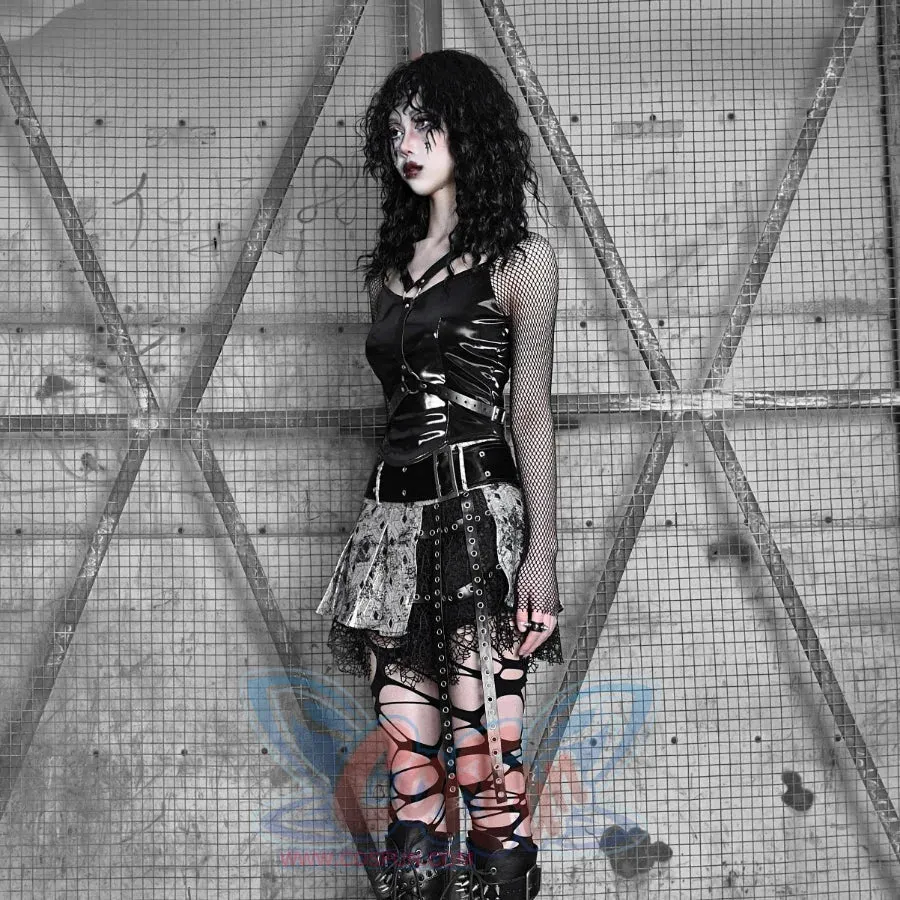 Spice Girl Punk PU Wing Strap Fishnet Slim Top