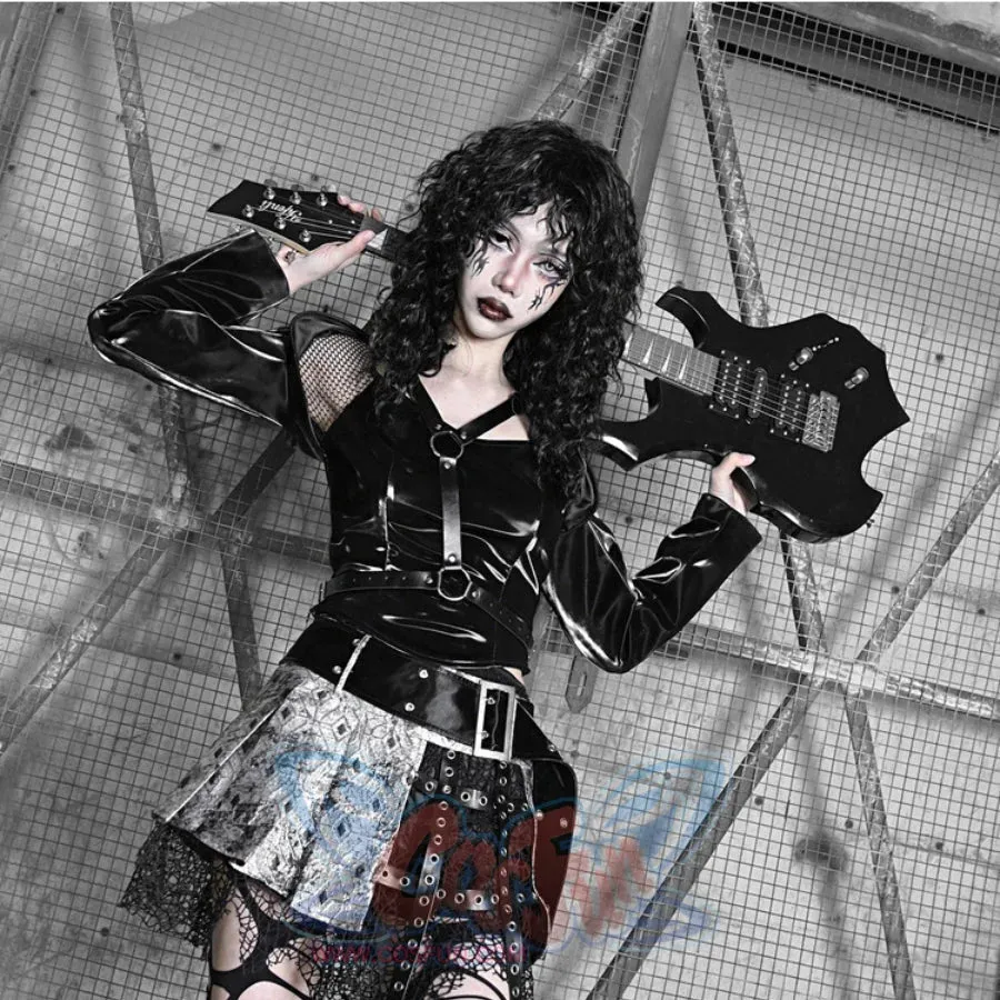 Spice Girl Punk PU Wing Strap Fishnet Slim Top