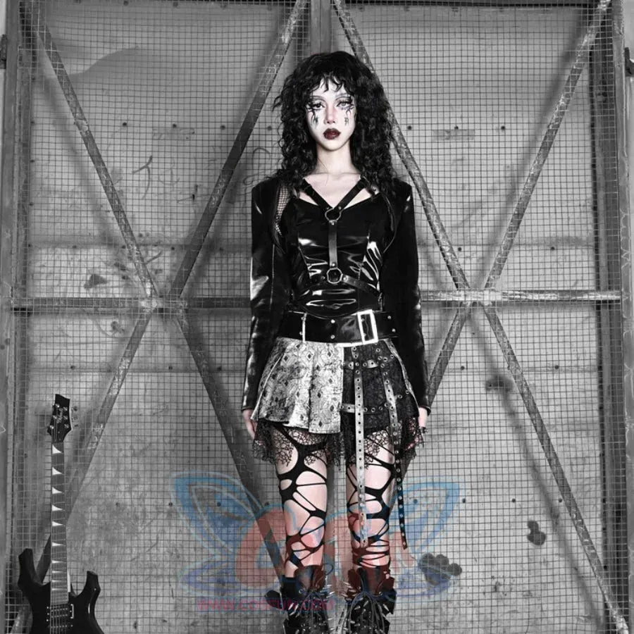 Spice Girl Punk PU Wing Strap Fishnet Slim Top