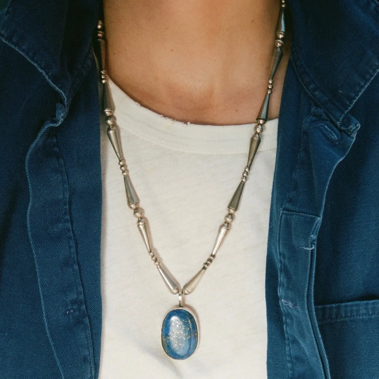 Sterling Beaded Chain with XXL Lapis Cabochon