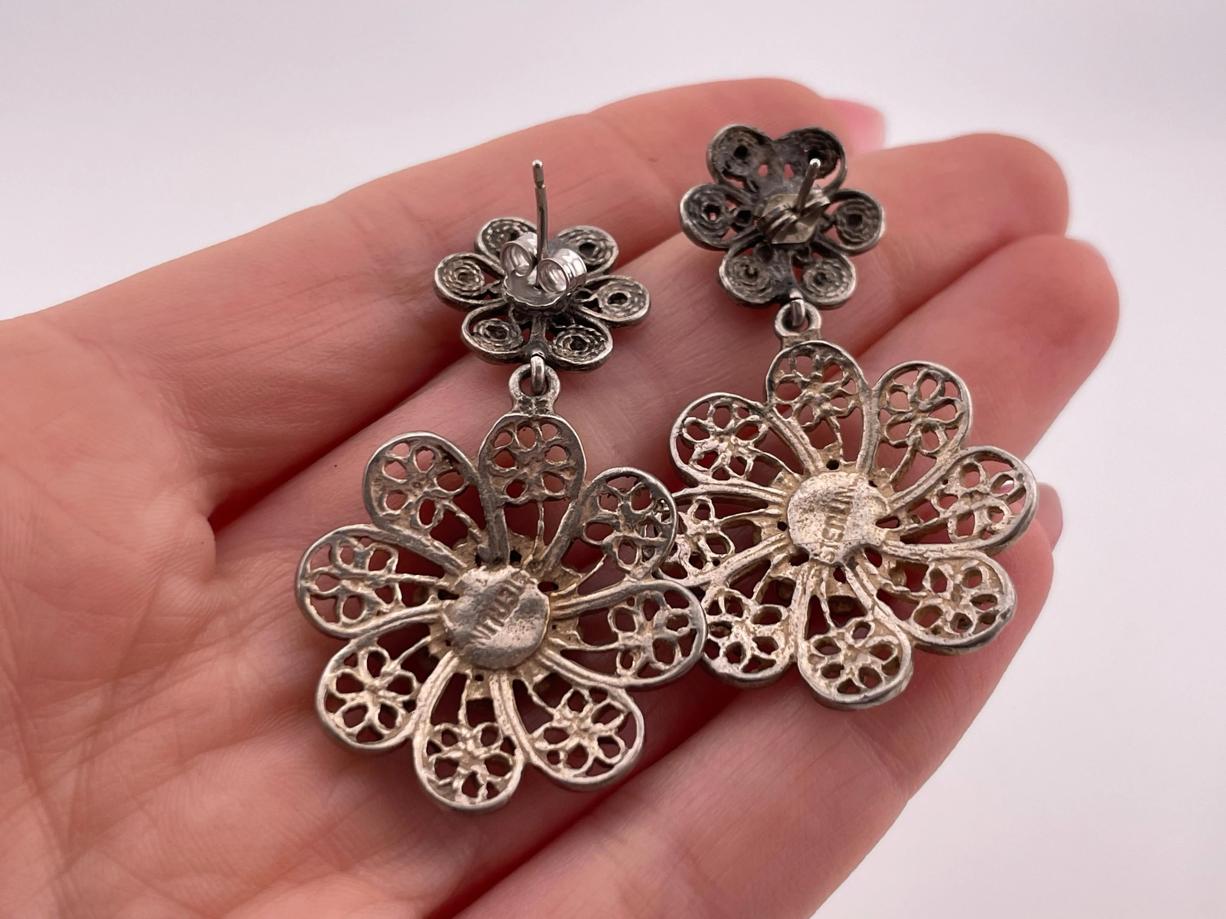 sterling silver ornate flower post dangle earrings
