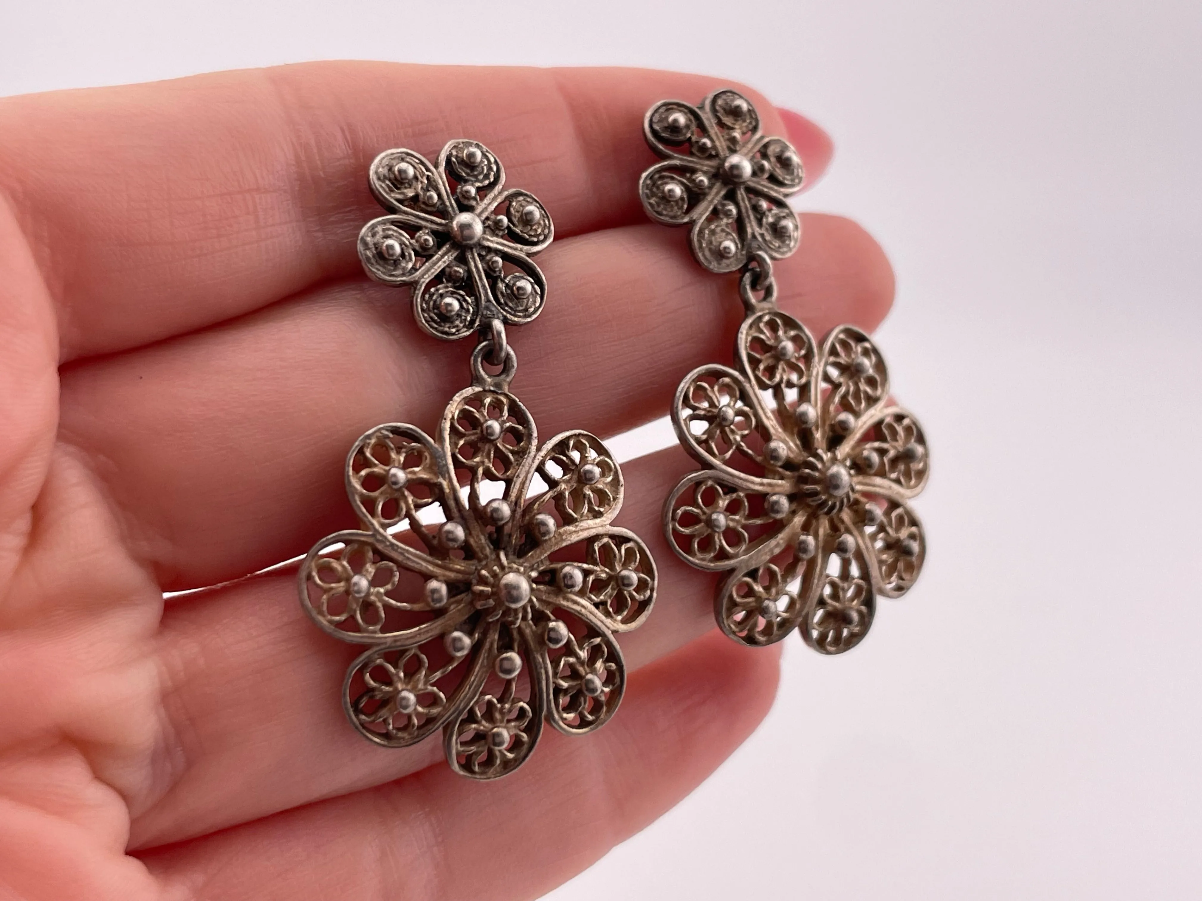 sterling silver ornate flower post dangle earrings