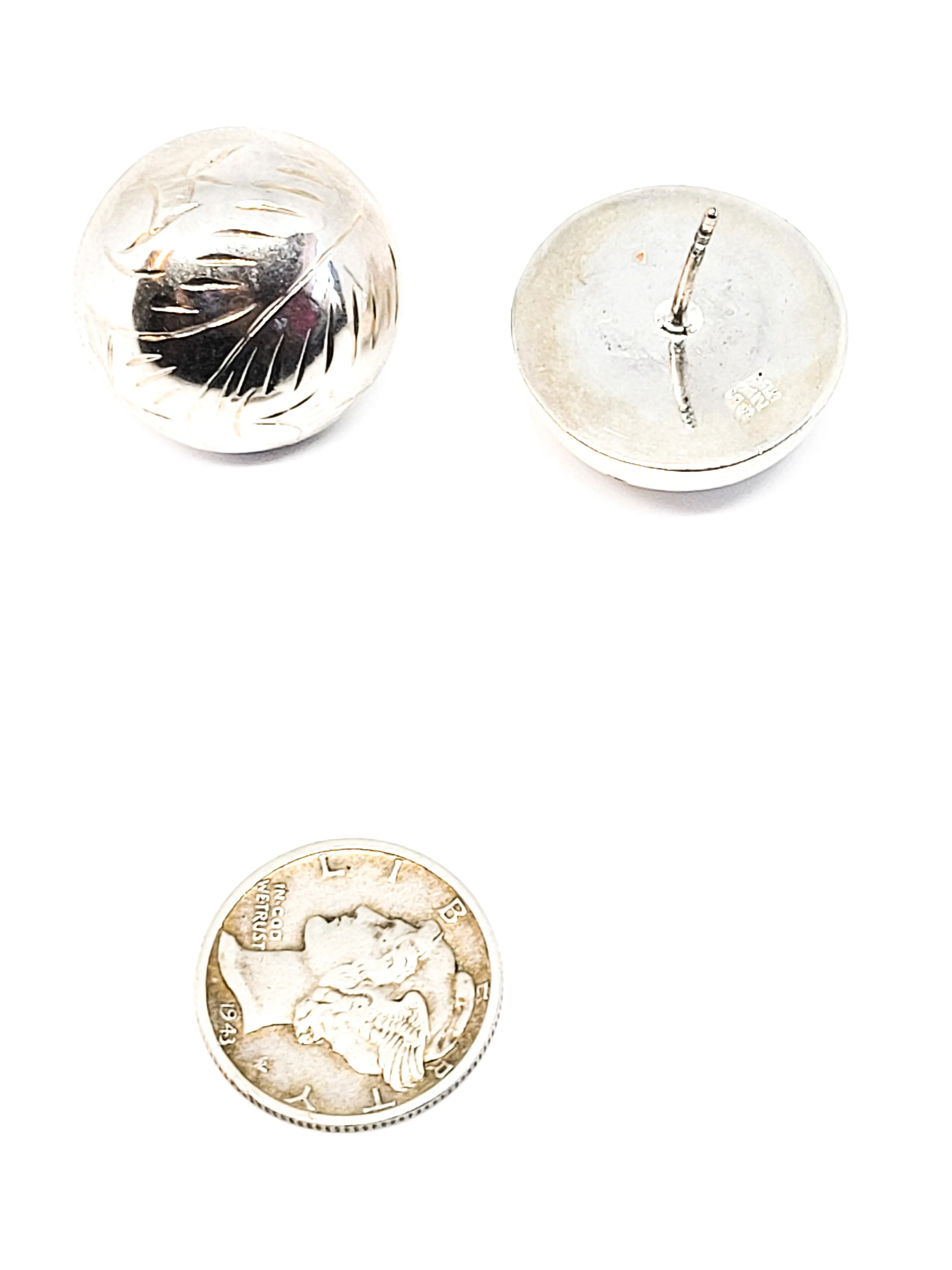 STI etched sterling silver holloware vintage button post earrings