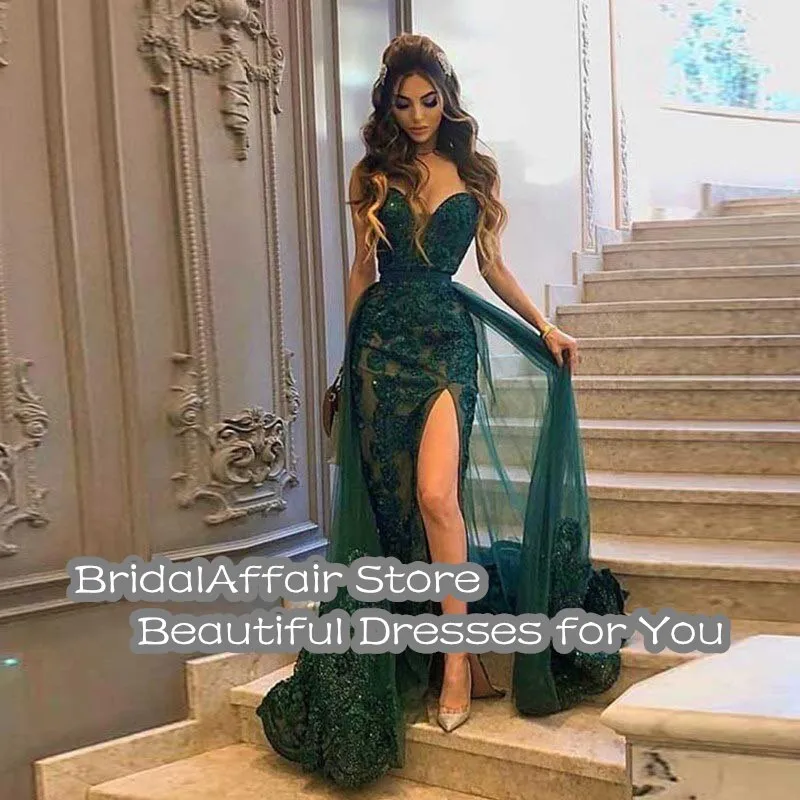 Sweetheart Neck Mermaid Split Sweep Satin Sequin Dresses