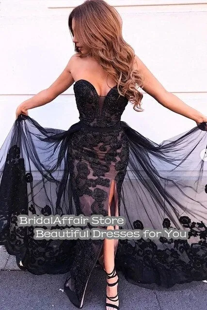 Sweetheart Neck Mermaid Split Sweep Satin Sequin Dresses