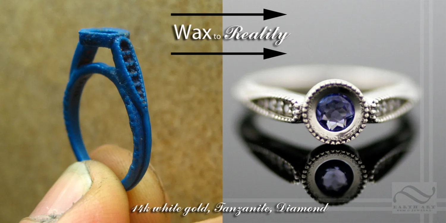 Tanzanite and Diamond Hover Engagement Ring - 14k White Gold - Vintage Milgrain Styling