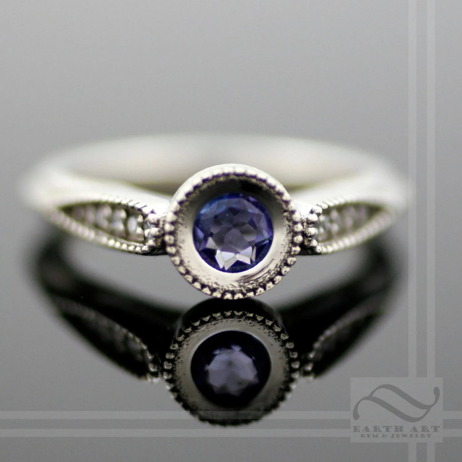 Tanzanite and Diamond Hover Engagement Ring - 14k White Gold - Vintage Milgrain Styling