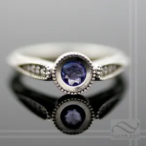 Tanzanite and Diamond Hover Engagement Ring - 14k White Gold - Vintage Milgrain Styling