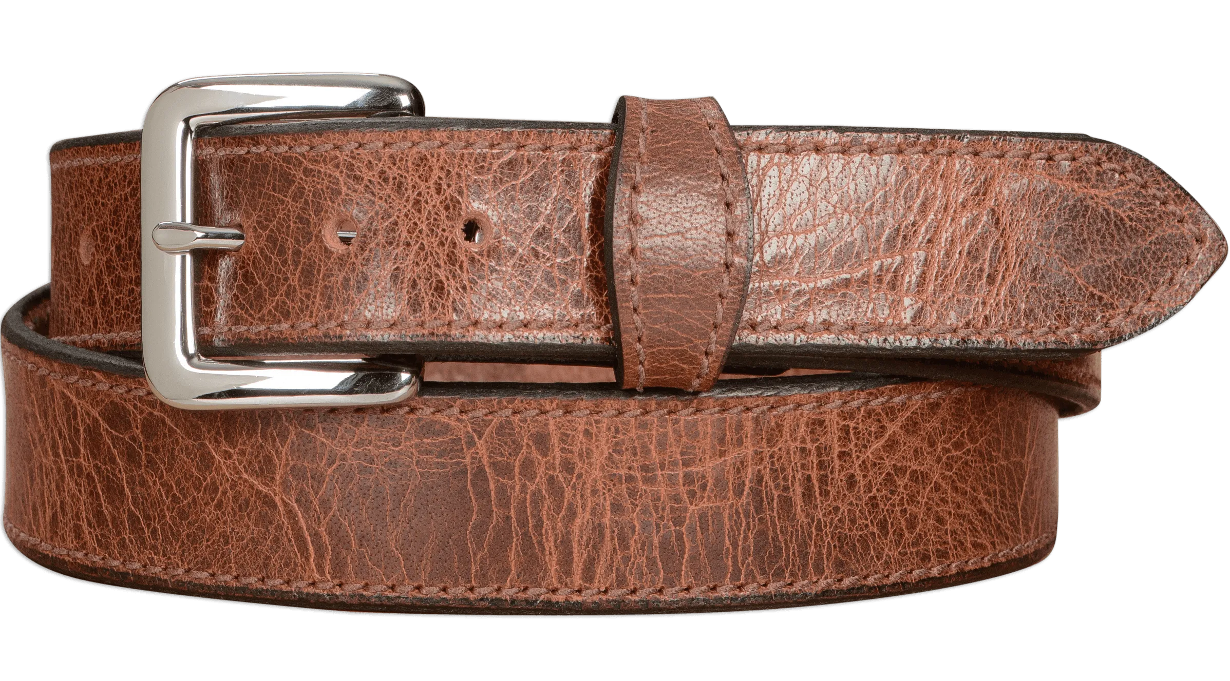 The Lakota: Rustic Brown Stitched Water Buffalo Leather Belt With Snaps 1.25"