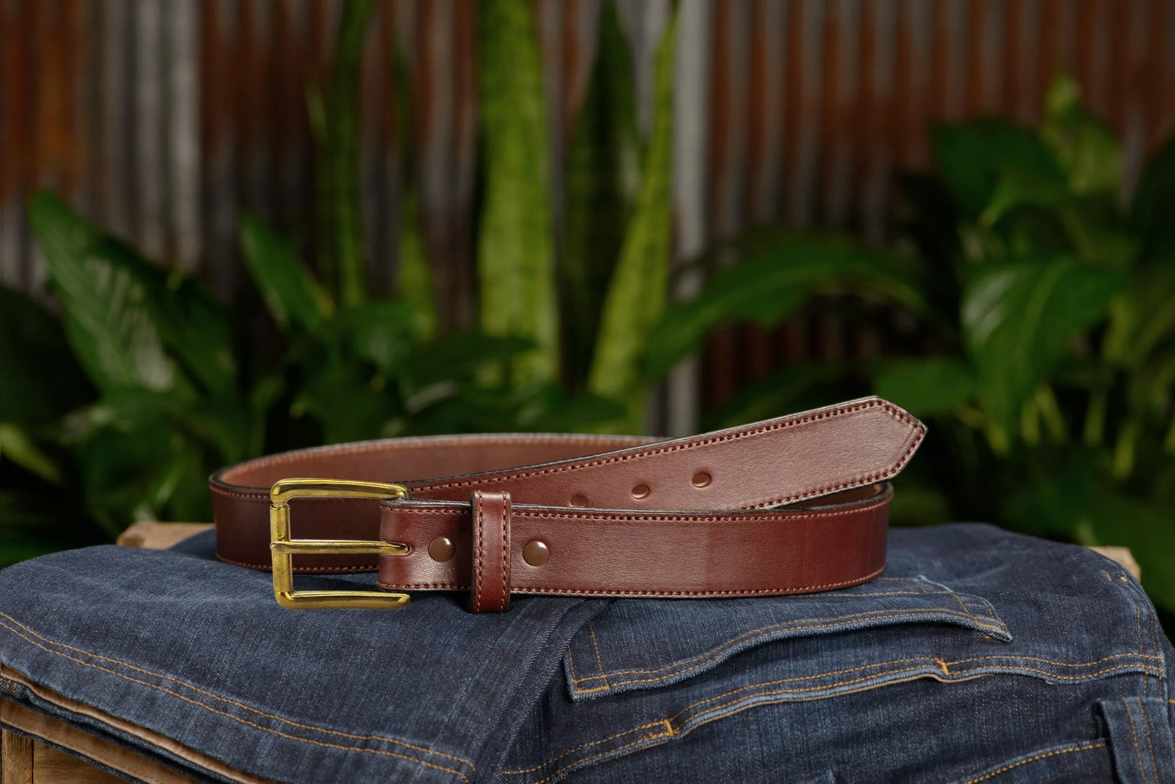 The Maverick: Brown Stitched Leather Belt With Brass 1.50"