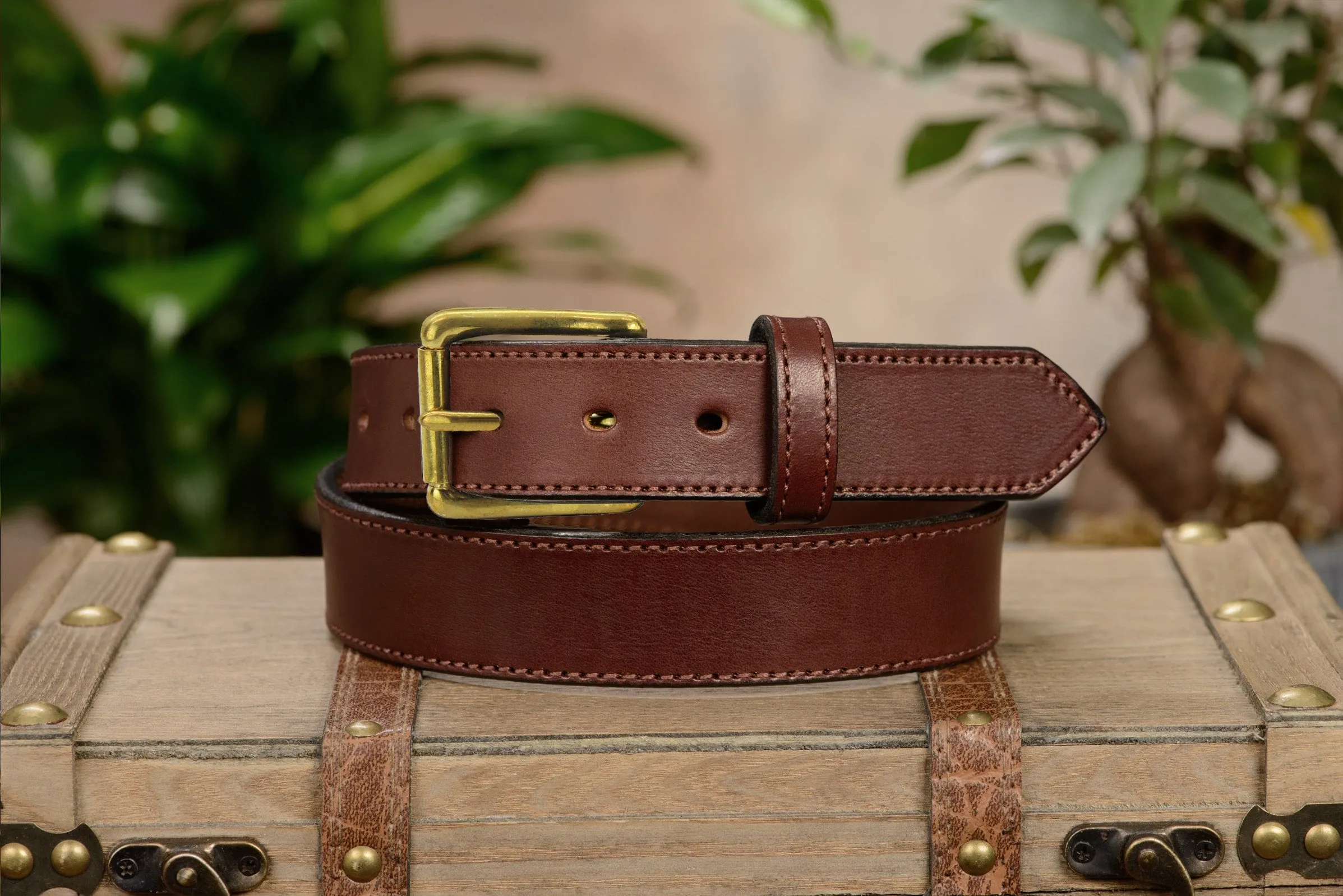 The Maverick: Brown Stitched Leather Belt With Brass 1.50"