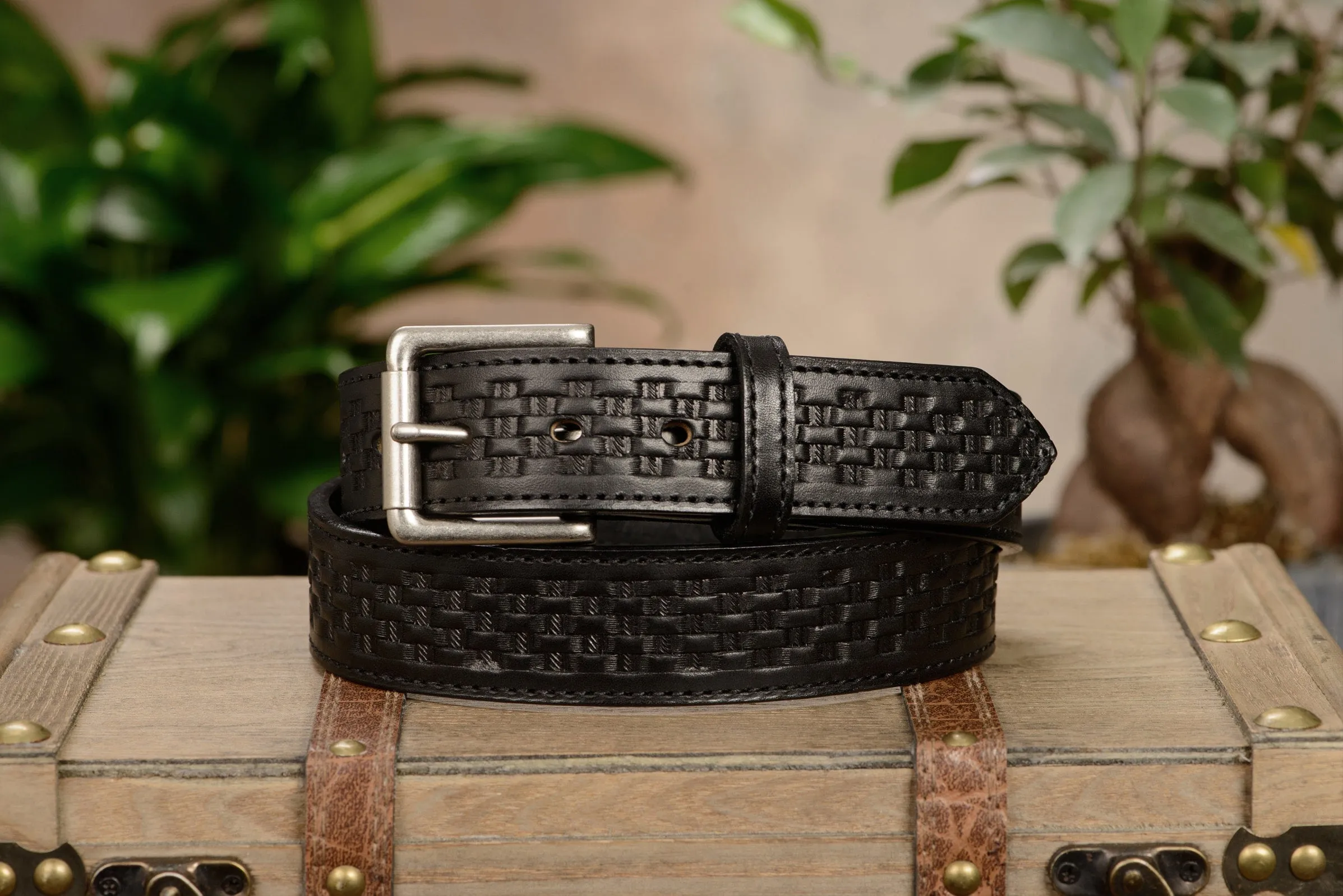 The Maverick: Men's Black Stitched Basket Weave Leather Belt 1.50"
