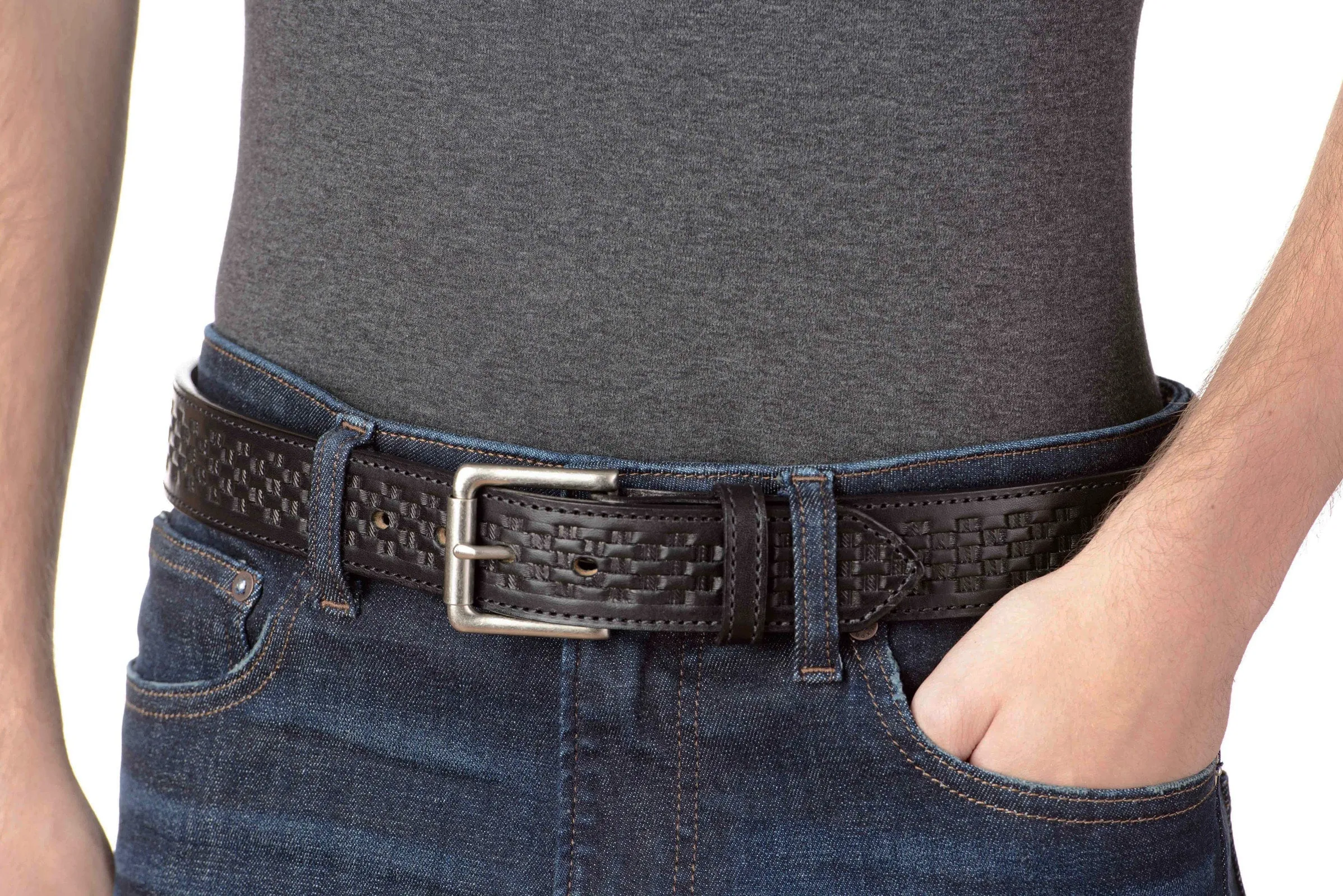 The Maverick: Men's Black Stitched Basket Weave Leather Belt 1.50"