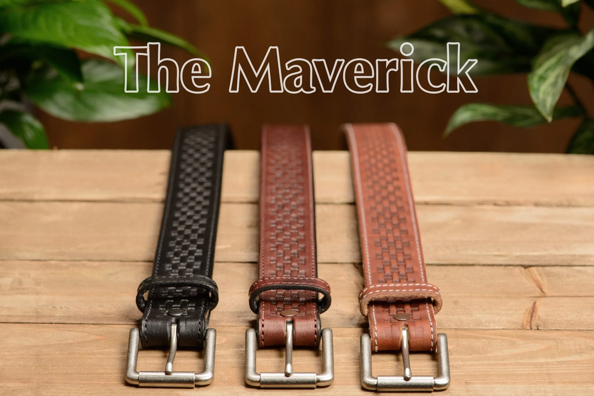 The Maverick: Men's Black Stitched Basket Weave Leather Belt 1.50"