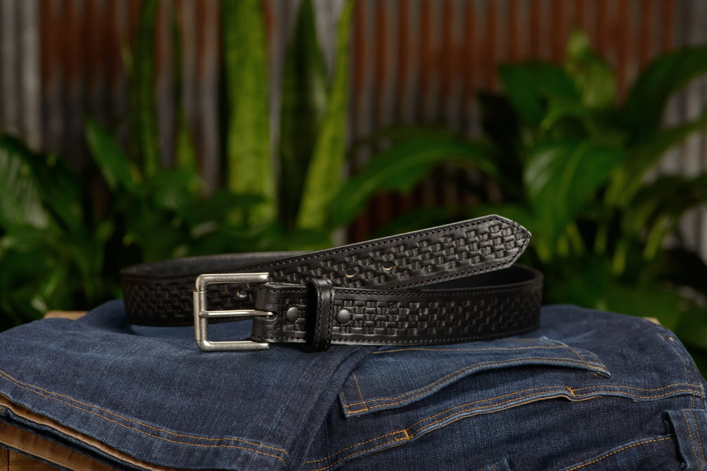 The Maverick: Men's Black Stitched Basket Weave Leather Belt 1.50"