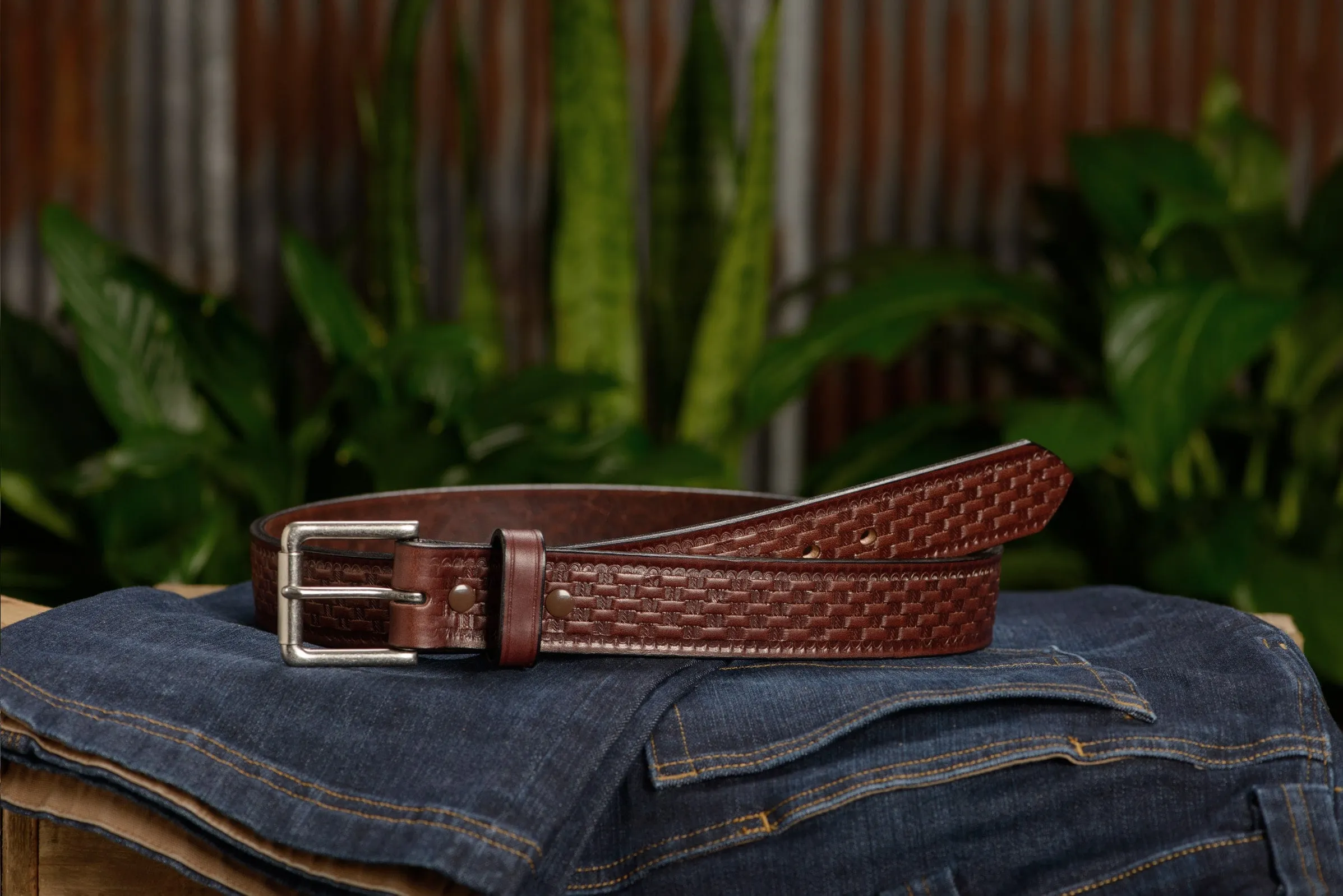 The Maverick: Men's Brown Basket Weave Leather Belt 1.50"