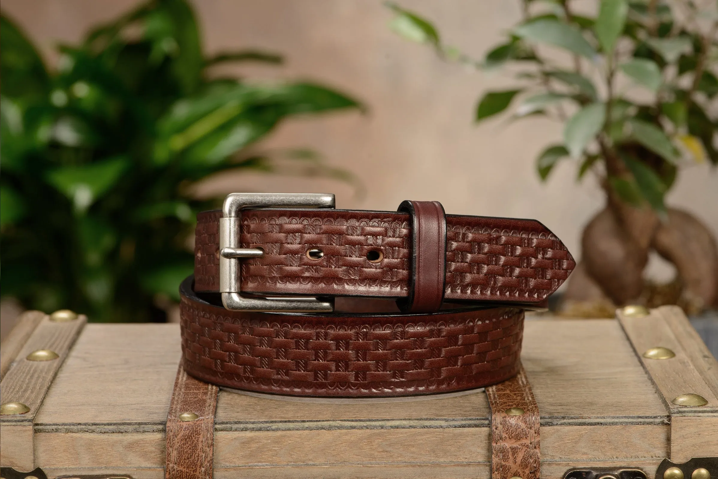 The Maverick: Men's Brown Basket Weave Leather Belt 1.50"