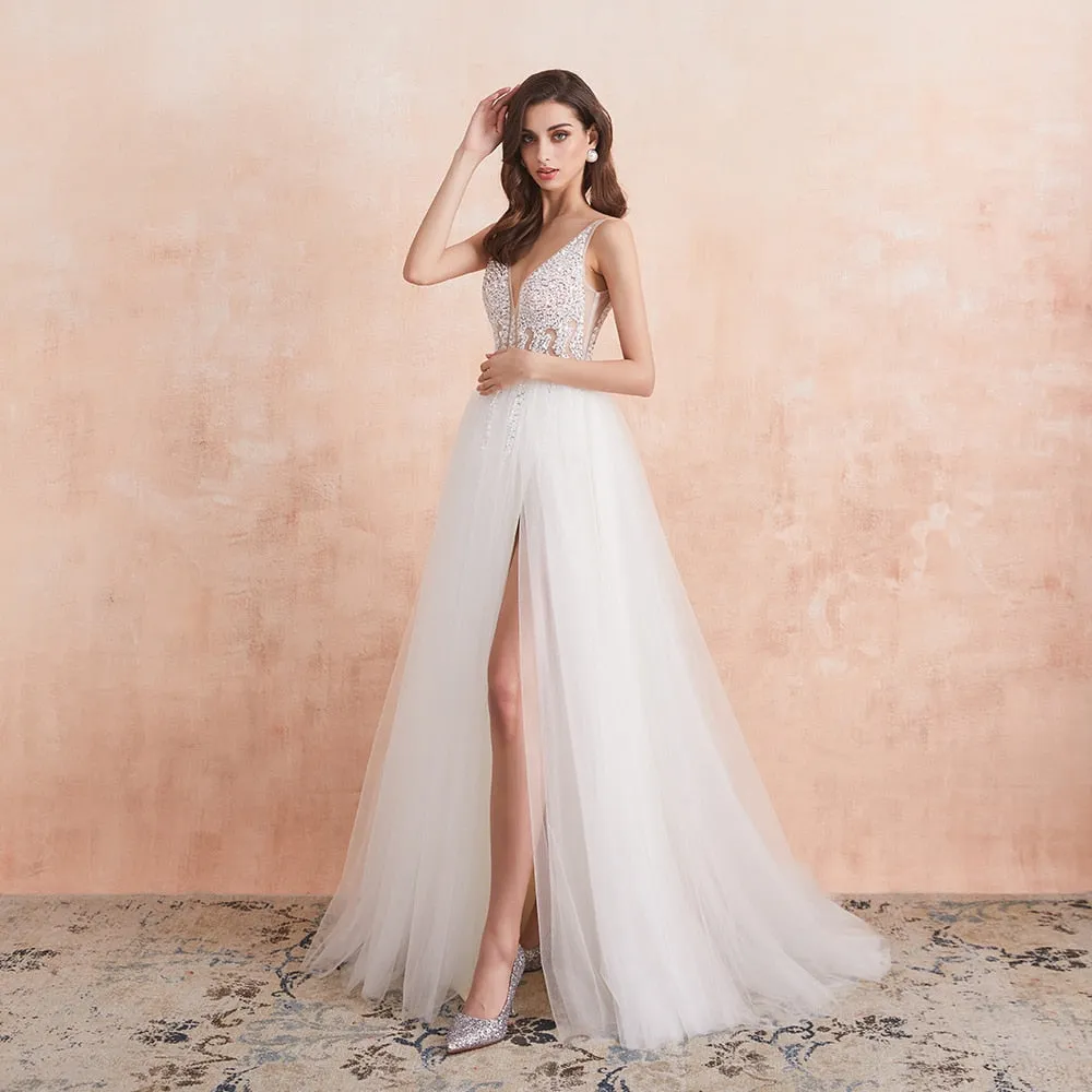 The-Sales Rack Sexy High Split Beaded Low Cut A Line Backless Bridal Gown