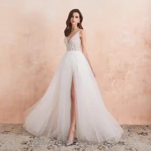 The-Sales Rack Sexy High Split Beaded Low Cut A Line Backless Bridal Gown