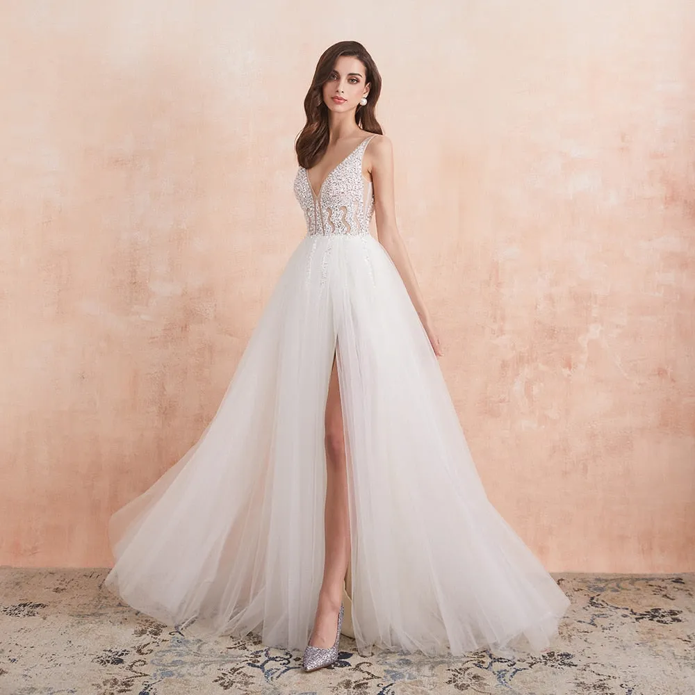 The-Sales Rack Sexy High Split Beaded Low Cut A Line Backless Bridal Gown
