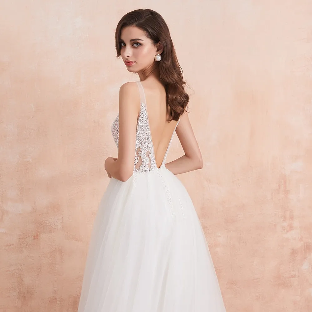 The-Sales Rack Sexy High Split Beaded Low Cut A Line Backless Bridal Gown
