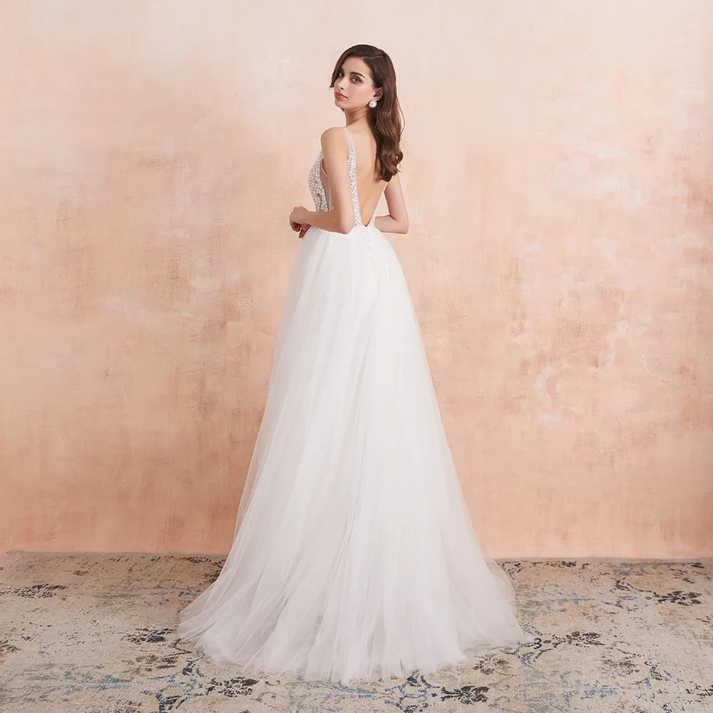 The-Sales Rack Sexy High Split Beaded Low Cut A Line Backless Bridal Gown