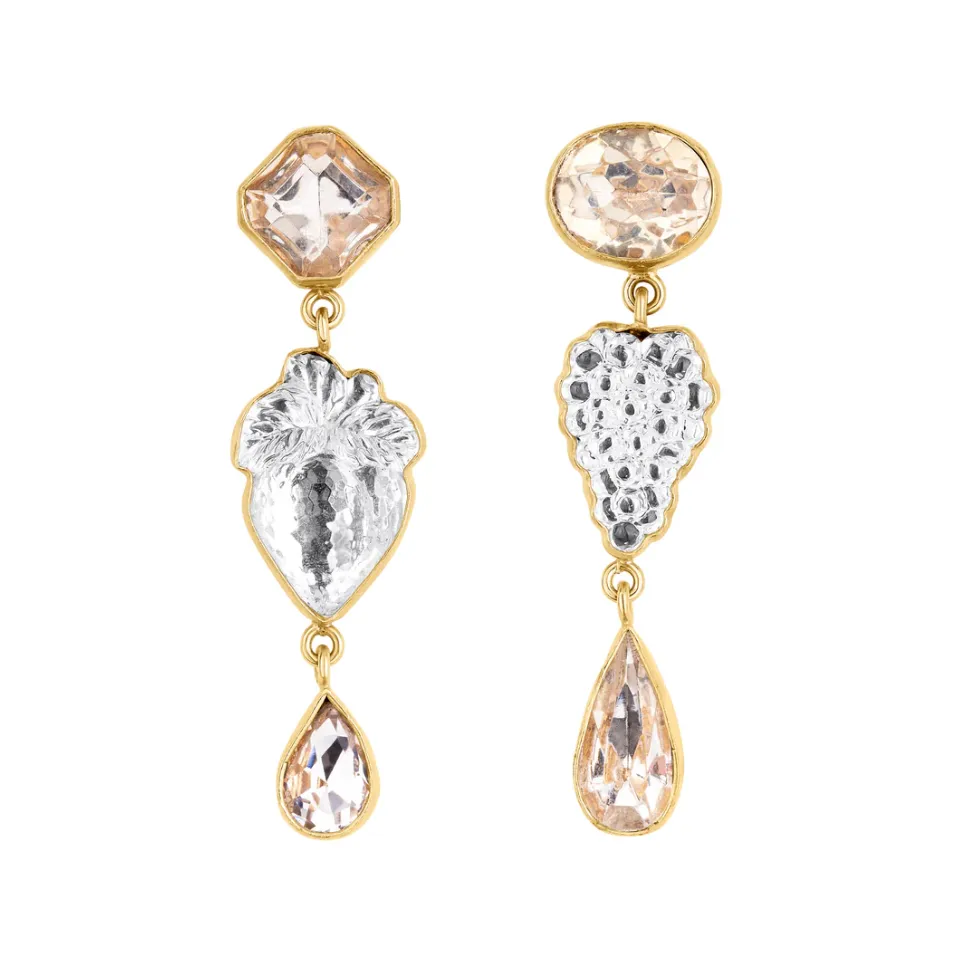 Three Charm Moving Drop Earrings, Crystal