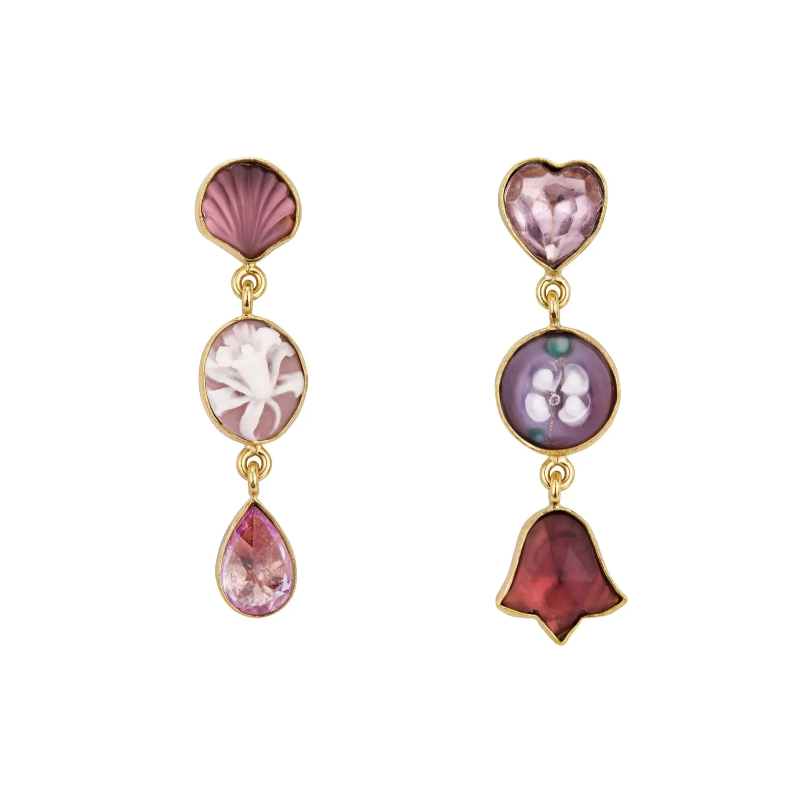 Three Charm Moving Drop Earrings, Pink Heart