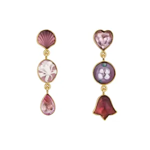 Three Charm Moving Drop Earrings, Pink Heart