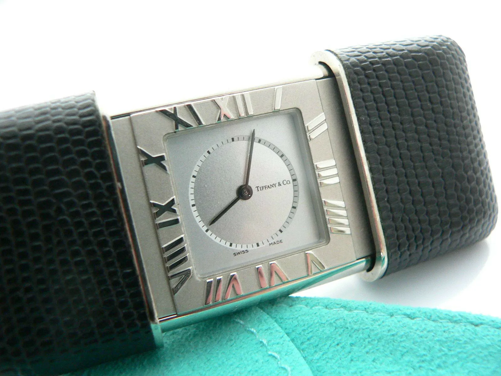 Tiffany & Co Atlas Travel Watch Clock Black Leather Excellent Vintage Gift Pouch