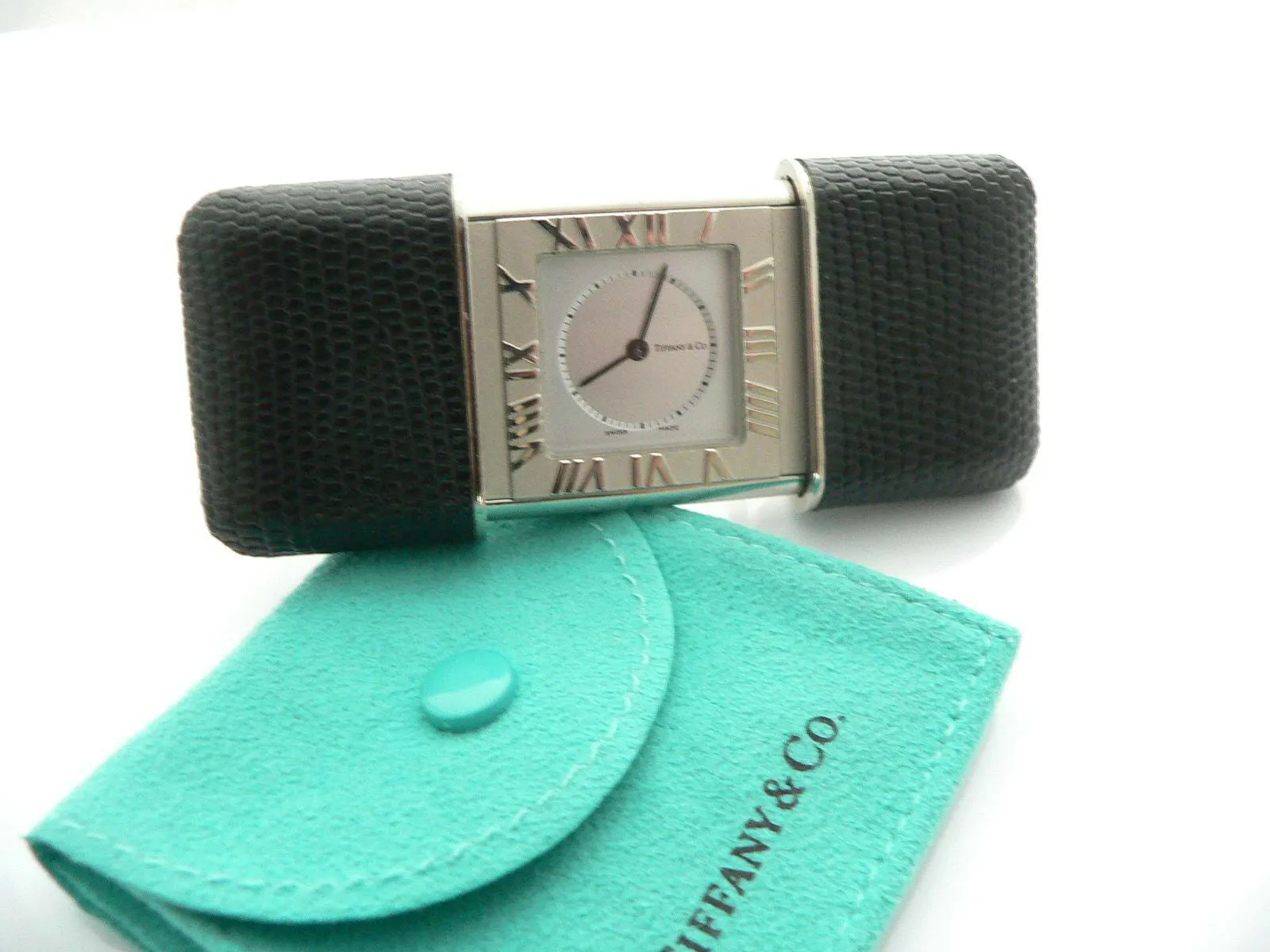 Tiffany & Co Atlas Travel Watch Clock Black Leather Excellent Vintage Gift Pouch