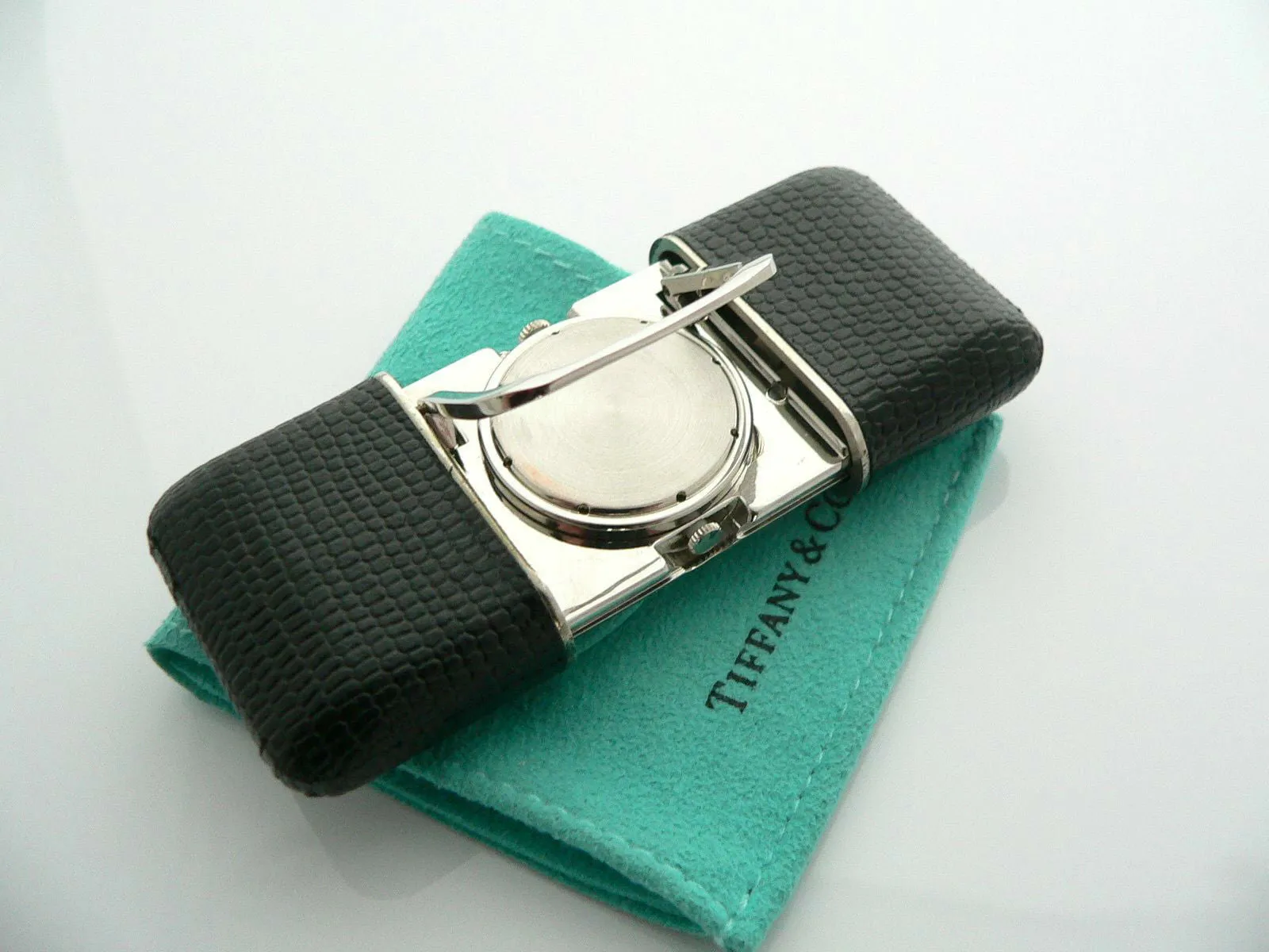 Tiffany & Co Atlas Travel Watch Clock Black Leather Excellent Vintage Gift Pouch