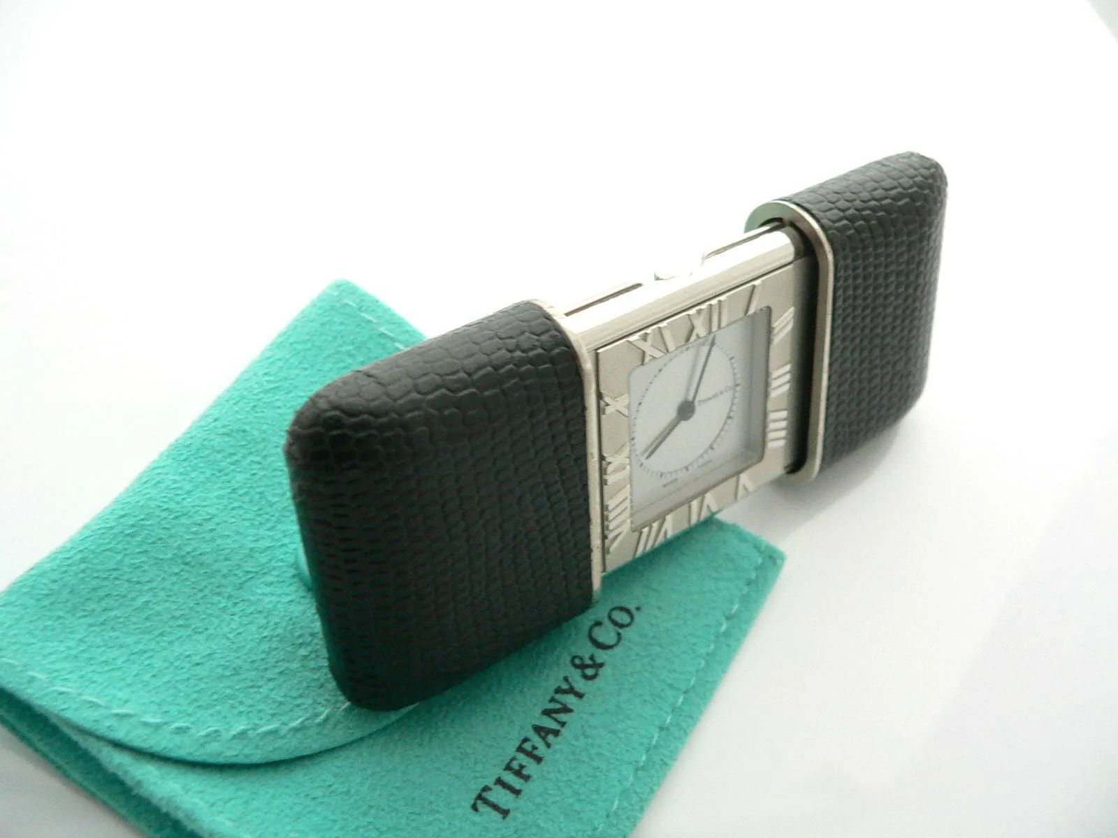 Tiffany & Co Atlas Travel Watch Clock Black Leather Excellent Vintage Gift Pouch