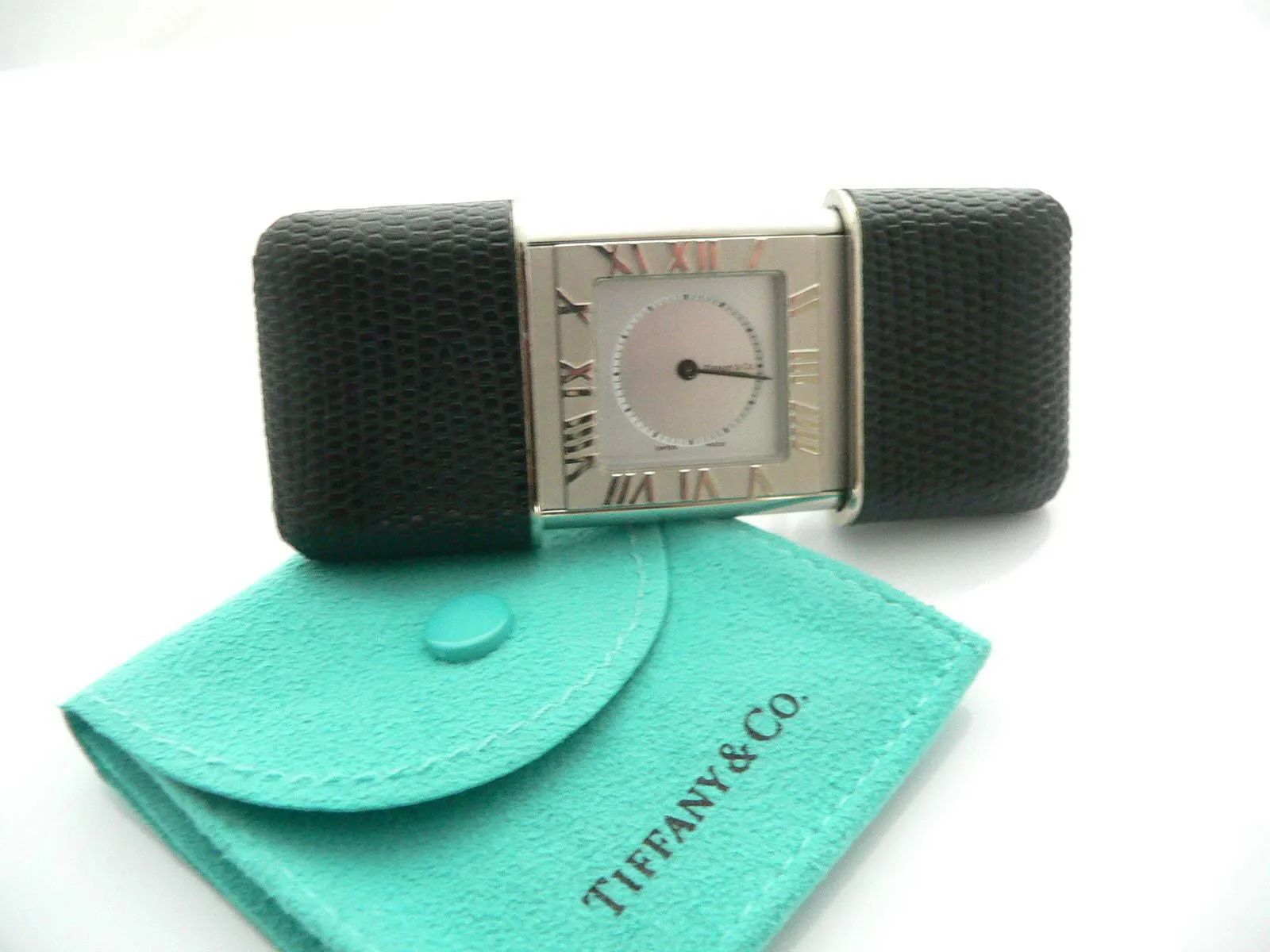 Tiffany & Co Atlas Travel Watch Clock Black Leather Excellent Vintage Gift Pouch