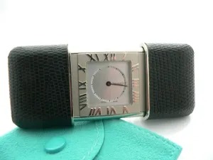 Tiffany & Co Atlas Travel Watch Clock Black Leather Excellent Vintage Gift Pouch