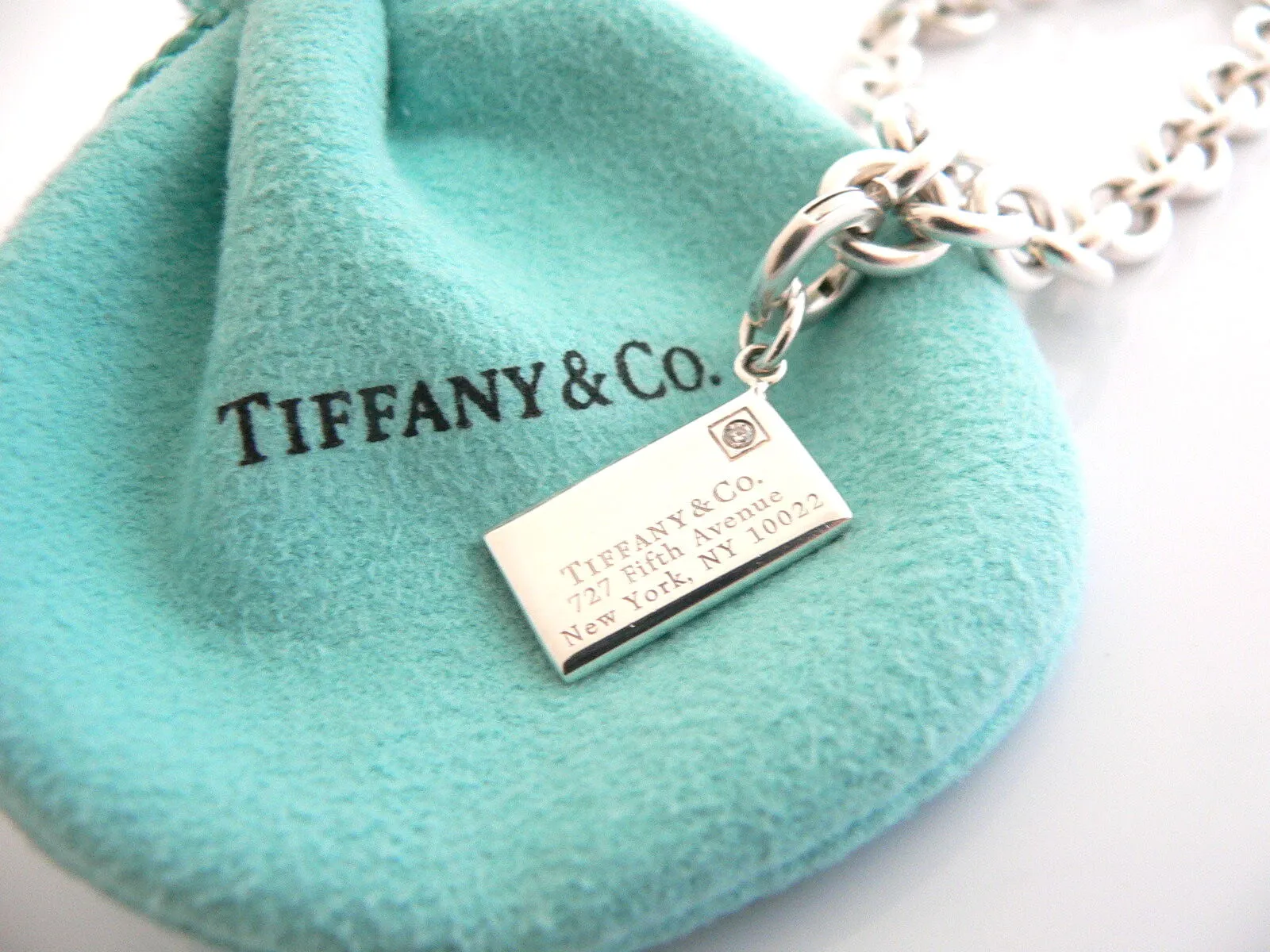 Tiffany & Co Silver Diamond Envelope Bracelet Charm Pendant Bangle 7.5 Inch Gift