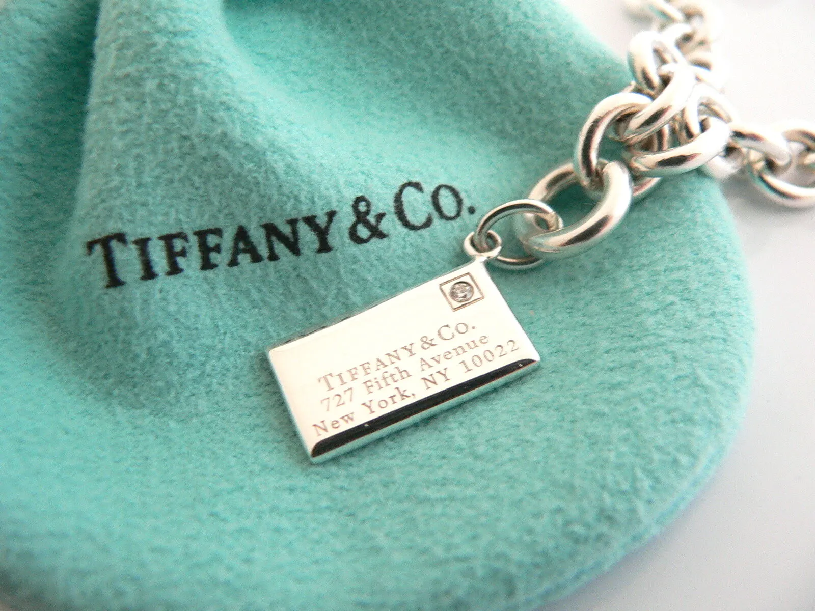 Tiffany & Co Silver Diamond Envelope Bracelet Charm Pendant Bangle 7.5 Inch Gift
