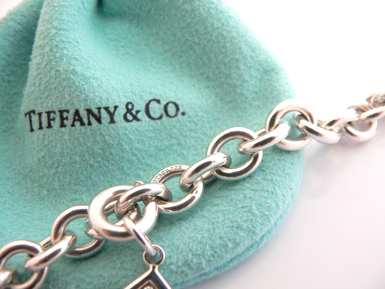 Tiffany & Co Silver Diamond Envelope Bracelet Charm Pendant Bangle 7.5 Inch Gift