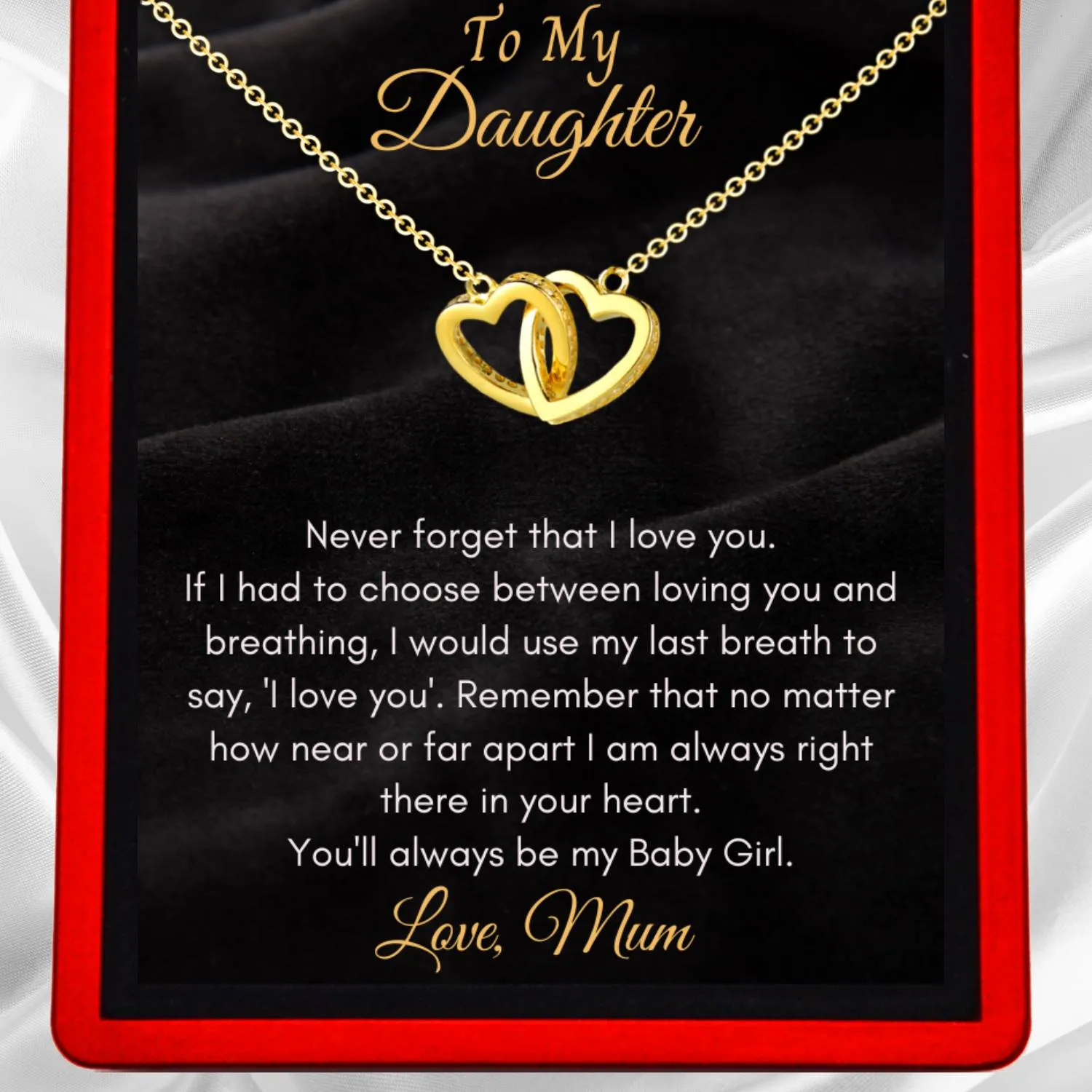 To My Daughter, 'Never Forget' Love Mum or Dad - Interlocking Gold Vermeil Hearts Necklace DT37