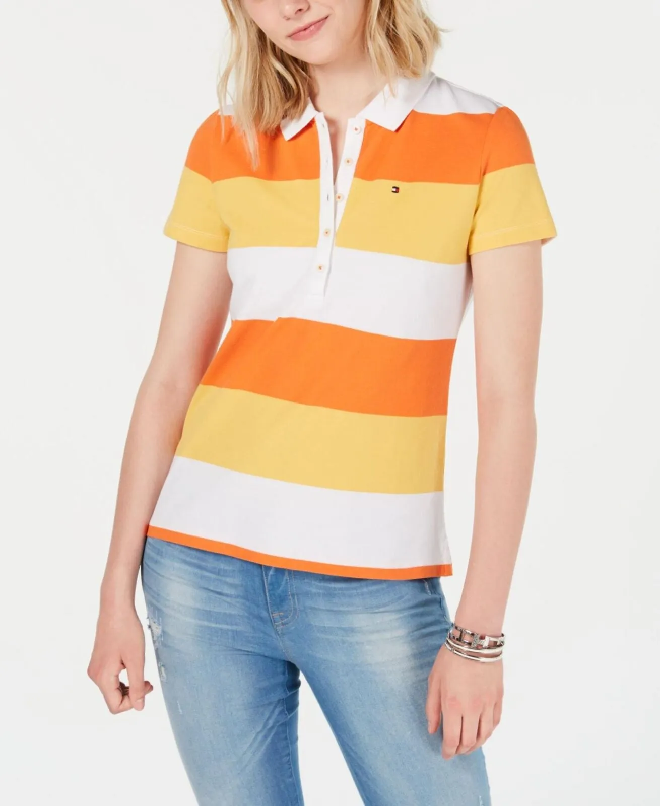 Tommy Hilfiger Womens Rugby Striped Polo Shirt J9EHN257 Orange Multi M