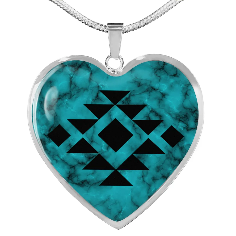 Tribal Design Jewelry on Turquoise Faux Stone Stainless Steel Heart Shaped Pendant Necklace With Chain and Gift Box