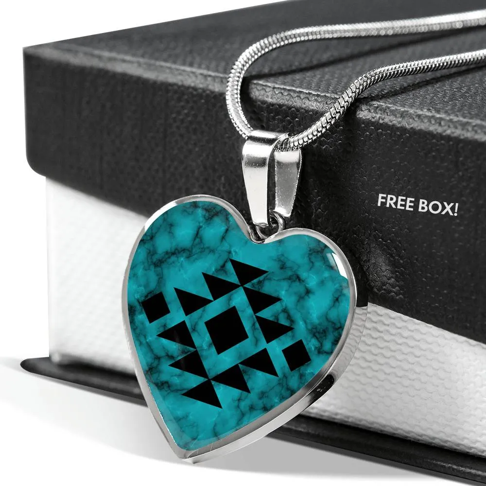 Tribal Design Jewelry on Turquoise Faux Stone Stainless Steel Heart Shaped Pendant Necklace With Chain and Gift Box