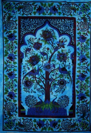 Turquoise Tree of Life Peacock Tapestry