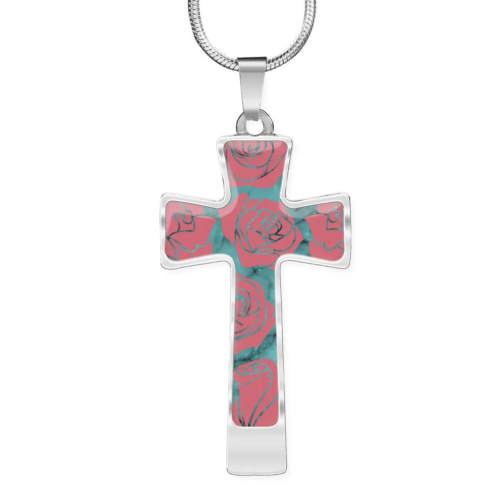 Turquoise With Pink Roses on Faux Marble Cross In Stainless Steel or 18K Gold Finish With Chain Necklace and Gift Box