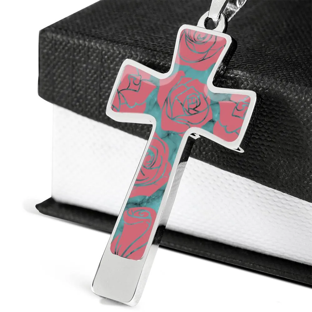 Turquoise With Pink Roses on Faux Marble Cross In Stainless Steel or 18K Gold Finish With Chain Necklace and Gift Box
